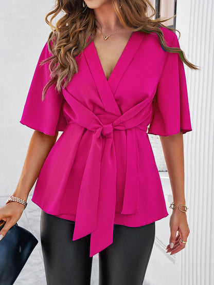 Elegant Blouses- Surplice V-Neck Blouse - Women's Elegant Gathered Knot Waist A-Line Top- - IndioGear Fashion and Gear