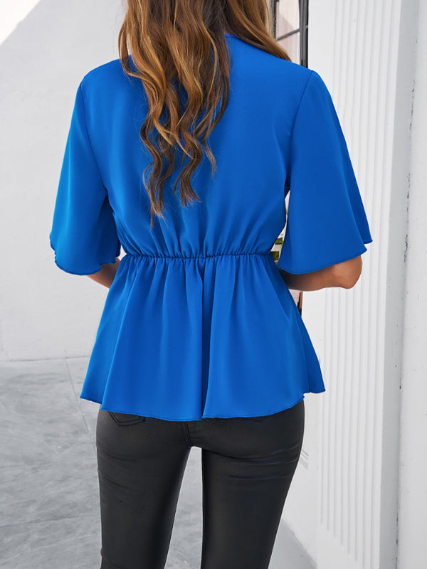 Elegant Blouses- Surplice V-Neck Blouse - Women's Elegant Gathered Knot Waist A-Line Top- - IndioGear Fashion and Gear