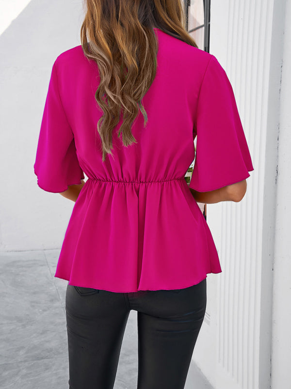 Elegant Blouses- Surplice V-Neck Blouse - Women's Elegant Gathered Knot Waist A-Line Top- - IndioGear Fashion and Gear