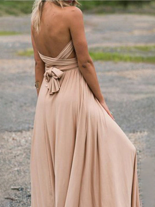 Elegant Dresses- Adaptive Elegance Backless Maxi Midi Dress with Versatile Design Straps- Khaki- IndioGear Clothing and Gear