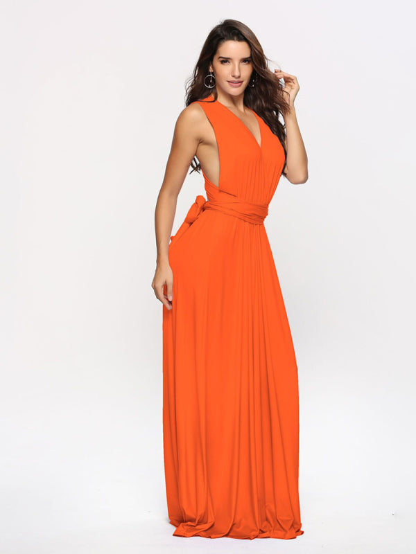 Elegant Dresses- Adaptive Elegance Backless Maxi Midi Dress with Versatile Design Straps- Orange- IndioGear Clothing and Gear