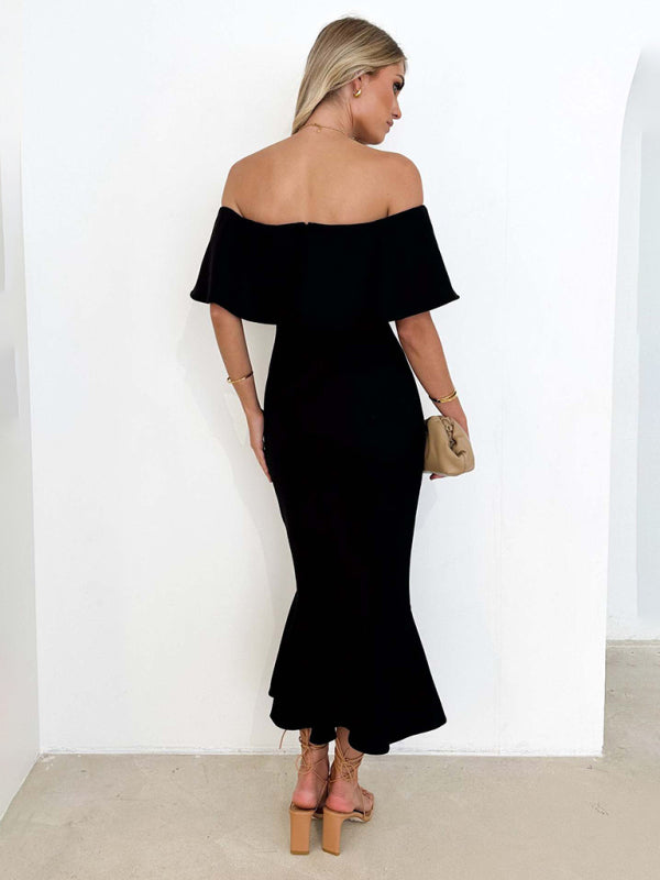 Elegant Dresses-Cocktail Couture Solid Off-Shoulder Mermaid Midi Dress-Pekosa Women Clothing