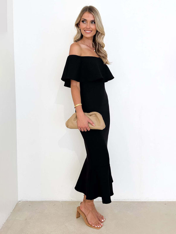 Elegant Dresses-Cocktail Couture Solid Off-Shoulder Mermaid Midi Dress-Pekosa Women Clothing