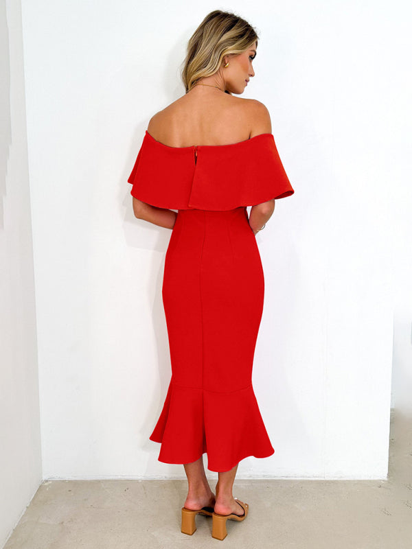 Elegant Dresses-Cocktail Couture Solid Off-Shoulder Mermaid Midi Dress-Pekosa Women Clothing