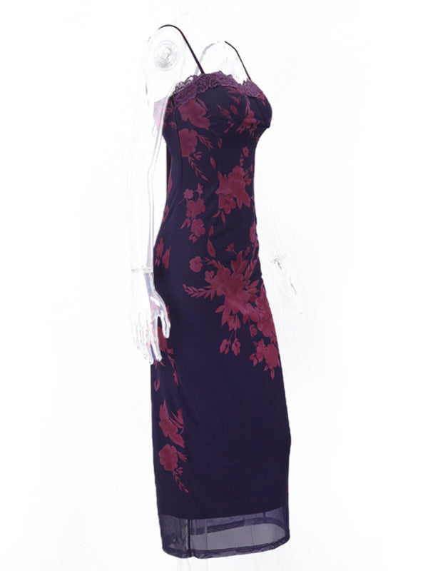 Elegant Dresses- Cocktail Purple Floral Mesh Underwire Bodycon Long Dress- - IndioGear Clothing and Gear