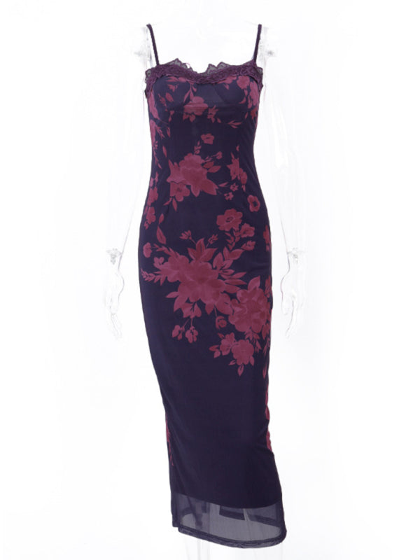 Elegant Dresses- Cocktail Purple Floral Mesh Underwire Bodycon Long Dress- - IndioGear Clothing and Gear