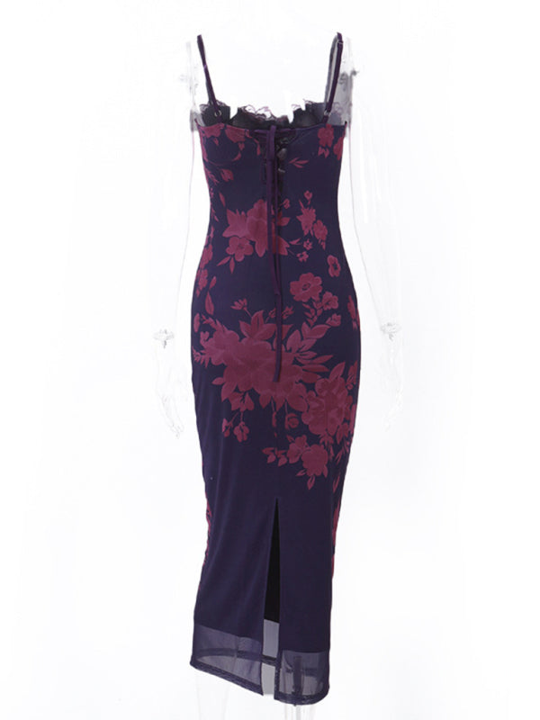 Elegant Dresses- Cocktail Purple Floral Mesh Underwire Bodycon Long Dress- - IndioGear Clothing and Gear