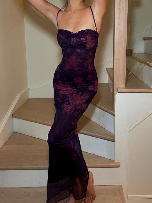 Elegant Dresses- Cocktail Purple Floral Mesh Underwire Bodycon Long Dress- - IndioGear Clothing and Gear