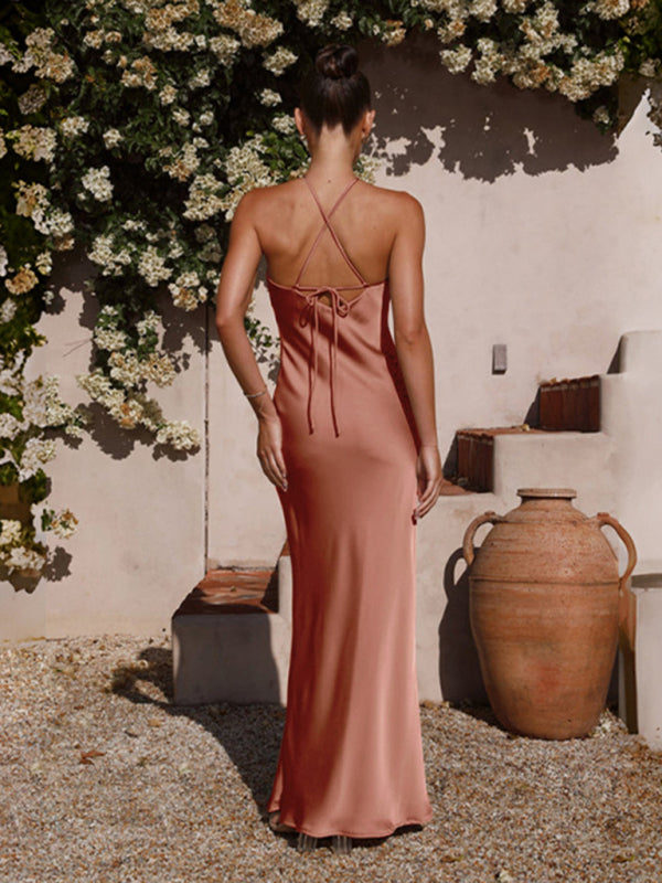 Elegant Dresses-Elegant Backless Satin Halterneck Slip Maxi Dress-Pekosa Women Clothing