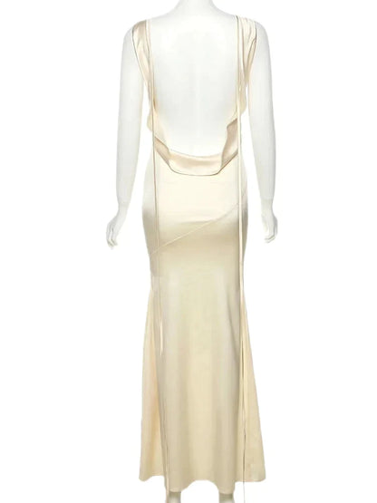 Elegant Dresses- Elegant Cowl Backless Mermaid Maxi Dress in Satin Finish- - IndioGear Fashion and Gear