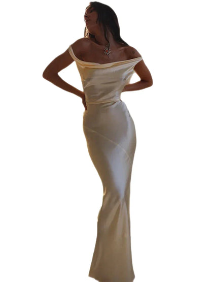 Elegant Dresses- Elegant Cowl Backless Mermaid Maxi Dress in Satin Finish- - IndioGear Fashion and Gear