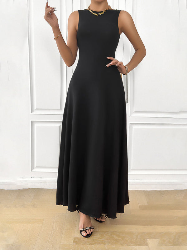 Elegant Dresses- Elegant Essential Solid A-Line Sleeveless Maxi Dress with Lace-Up Back- - IndioGear Fashion and Gear