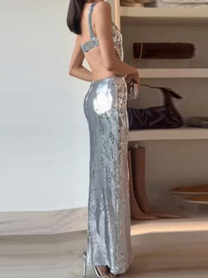 Elegant Dresses- Elegant Evening Sparkle Sequined Cutout Maxi Dress- - IndioGear Fashion and Gear