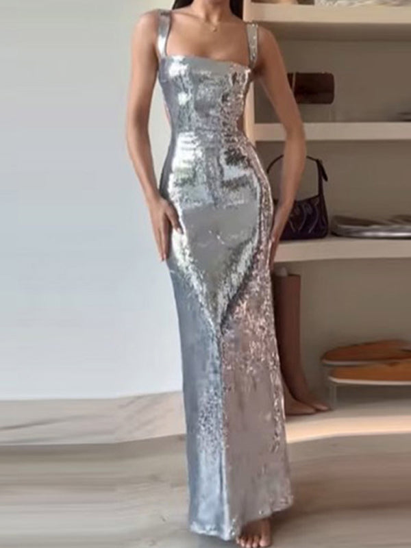 Elegant Dresses- Elegant Evening Sparkle Sequined Cutout Maxi Dress- - IndioGear Fashion and Gear