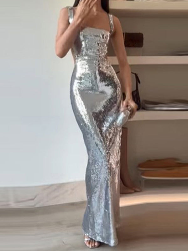 Elegant Dresses- Elegant Evening Sparkle Sequined Cutout Maxi Dress- - IndioGear Fashion and Gear