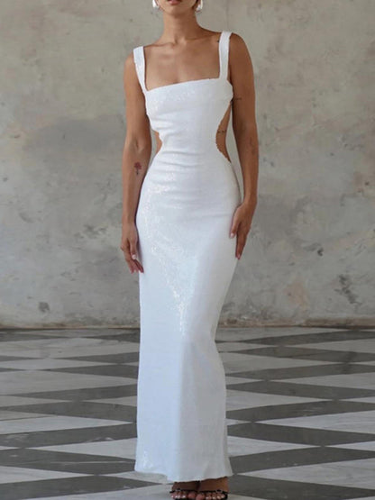 Elegant Dresses- Elegant Evening Sparkle Sequined Cutout Maxi Dress- White- IndioGear Fashion and Gear