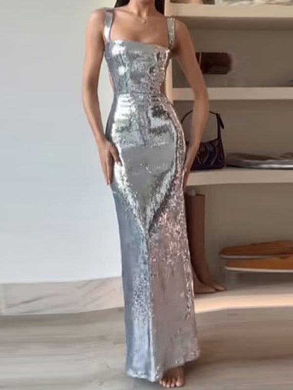 Elegant Dresses- Elegant Evening Sparkle Sequined Cutout Maxi Dress- - IndioGear Fashion and Gear