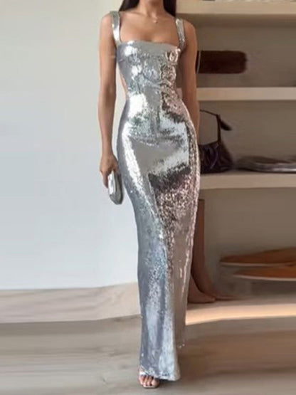 Elegant Dresses- Elegant Evening Sparkle Sequined Cutout Maxi Dress- Silver grey- IndioGear Fashion and Gear