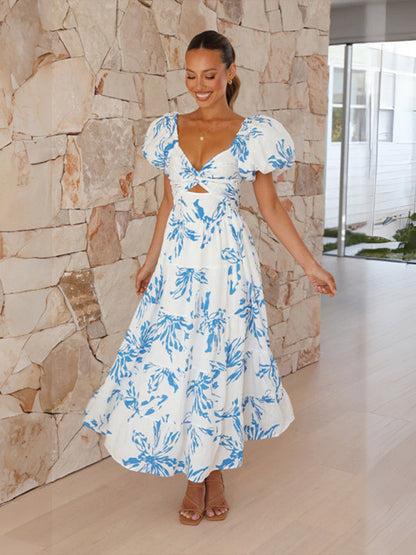 Elegant Dresses- Elegant Floral A-Line Off-Shoulder Midi Dress with Puff Sleeves- - IndioGear Fashion and Gear