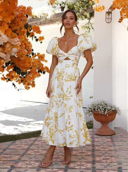 Elegant Dresses- Elegant Floral A-Line Off-Shoulder Midi Dress with Puff Sleeves- - IndioGear Fashion and Gear