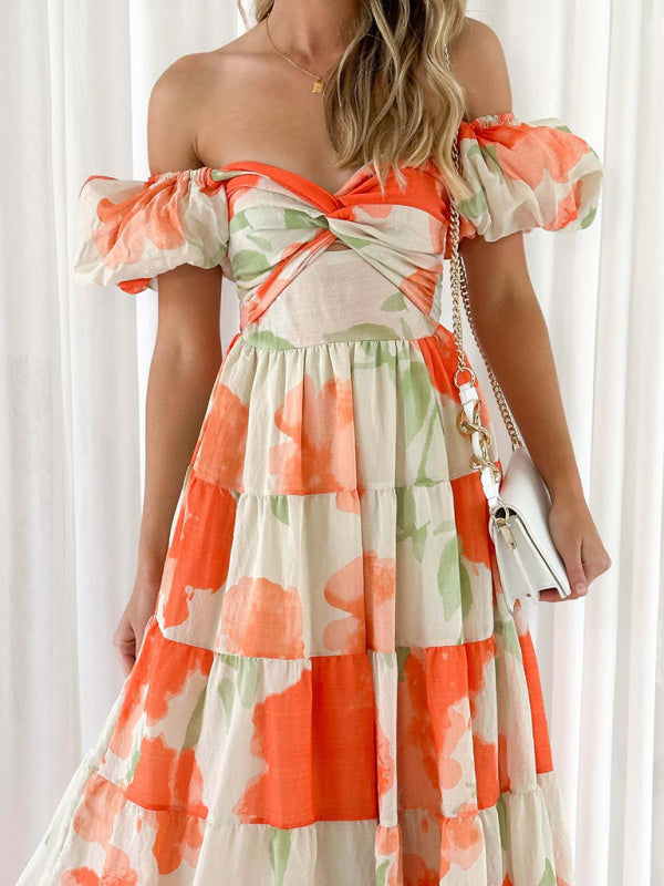 Elegant Dresses- Elegant Floral A-Line Off-Shoulder Midi Dress with Puff Sleeves- Orange- IndioGear Fashion and Gear