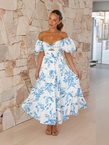 Elegant Dresses- Elegant Floral A-Line Off-Shoulder Midi Dress with Puff Sleeves- Blue- IndioGear Fashion and Gear