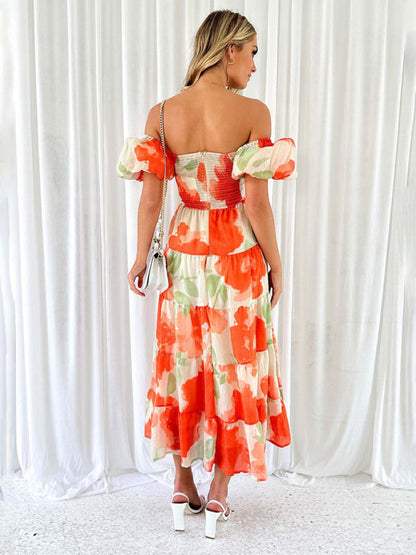 Elegant Dresses- Elegant Floral A-Line Off-Shoulder Midi Dress with Puff Sleeves- - IndioGear Fashion and Gear