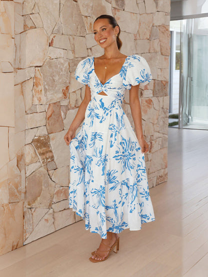 Elegant Dresses- Elegant Floral A-Line Off-Shoulder Midi Dress with Puff Sleeves- - IndioGear Fashion and Gear