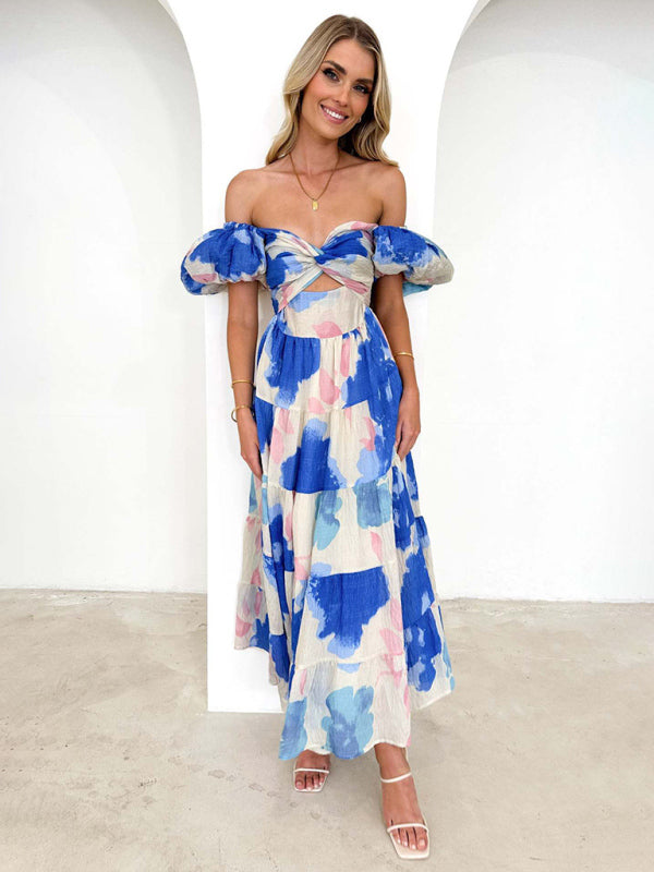 Elegant Dresses- Elegant Floral A-Line Off-Shoulder Midi Dress with Puff Sleeves- - IndioGear Fashion and Gear