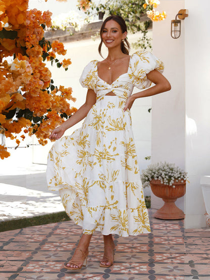 Elegant Dresses- Elegant Floral A-Line Off-Shoulder Midi Dress with Puff Sleeves- - IndioGear Fashion and Gear