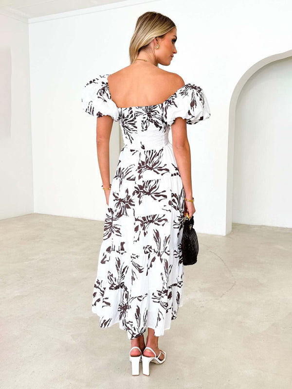 Elegant Dresses- Elegant Floral A-Line Off-Shoulder Midi Dress with Puff Sleeves- - IndioGear Fashion and Gear