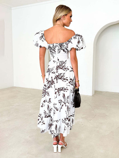 Elegant Dresses- Elegant Floral A-Line Off-Shoulder Midi Dress with Puff Sleeves- - IndioGear Fashion and Gear