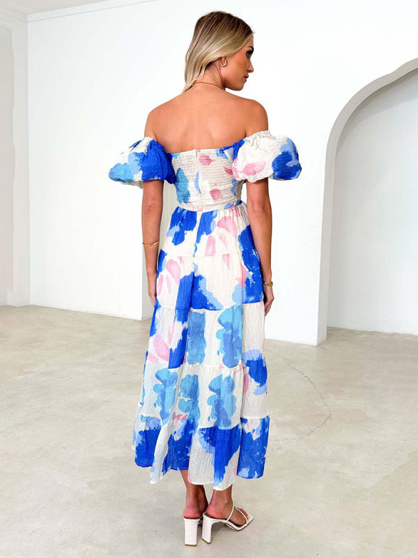 Elegant Dresses- Elegant Floral A-Line Off-Shoulder Midi Dress with Puff Sleeves- - IndioGear Fashion and Gear