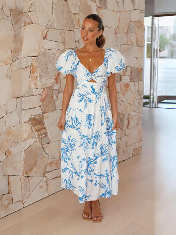 Elegant Dresses- Elegant Floral A-Line Off-Shoulder Midi Dress with Puff Sleeves- - IndioGear Fashion and Gear