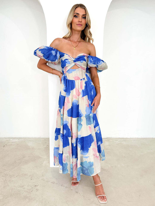 Elegant Dresses- Elegant Floral A-Line Off-Shoulder Midi Dress with Puff Sleeves- - IndioGear Fashion and Gear