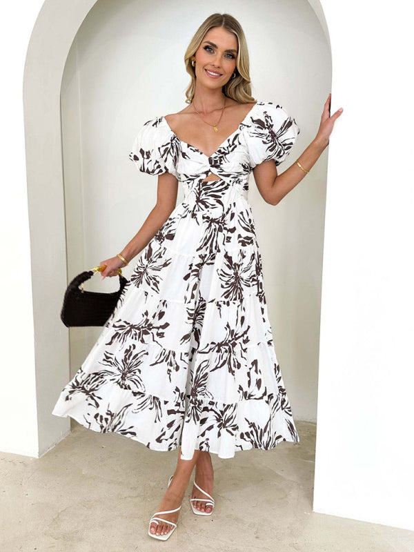 Elegant Dresses- Elegant Floral A-Line Off-Shoulder Midi Dress with Puff Sleeves- - IndioGear Fashion and Gear