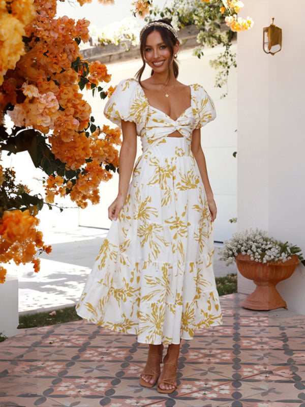 Elegant Dresses- Elegant Floral A-Line Off-Shoulder Midi Dress with Puff Sleeves- Yellow- IndioGear Fashion and Gear