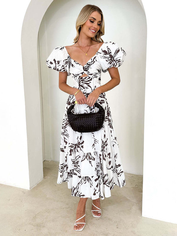 Elegant Dresses- Elegant Floral A-Line Off-Shoulder Midi Dress with Puff Sleeves- - IndioGear Fashion and Gear