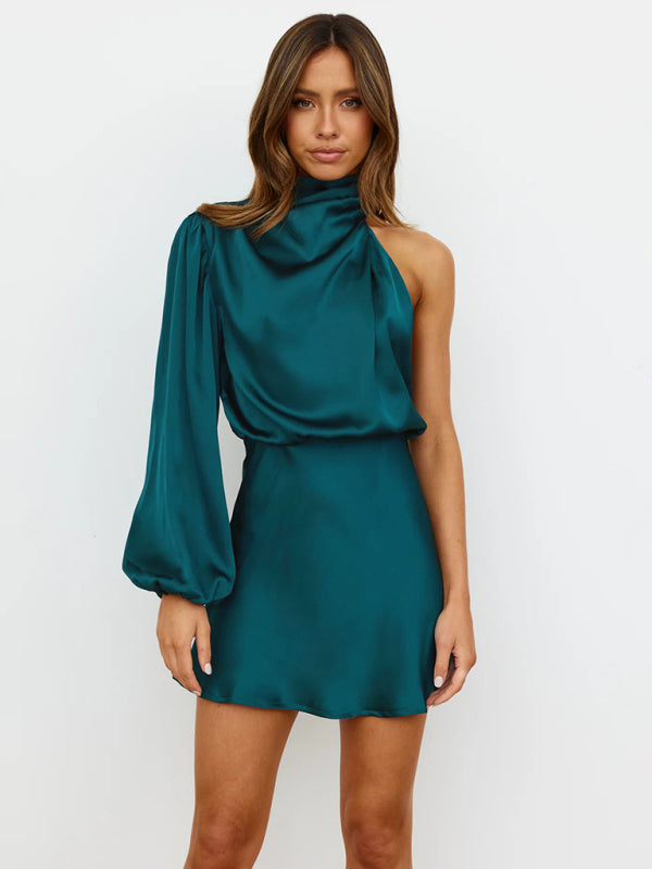 Elegant Dresses- Elegant One Shoulder Blouson Cowl Mini Dress in Satin- Acid blue- IndioGear Fashion and Gear