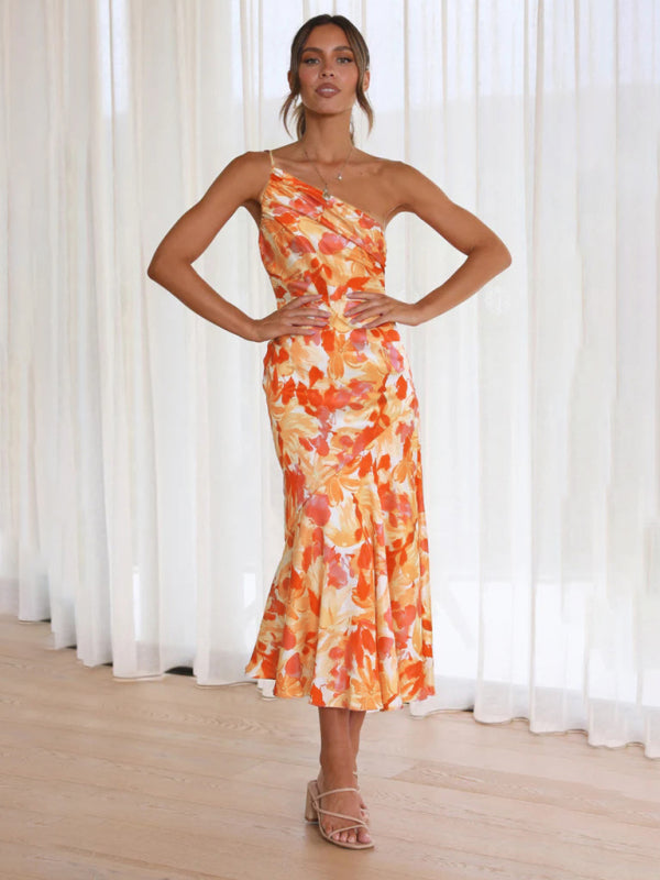 Elegant Dresses- Elegant One Shoulder Mermaid Midi Cocktail Dress- Orange- IndioGear Fashion and Gear