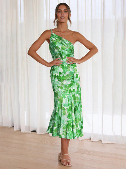 Elegant Dresses- Elegant One Shoulder Mermaid Midi Cocktail Dress- Green- IndioGear Fashion and Gear