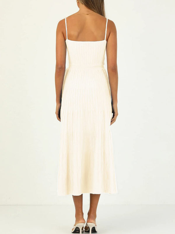 Elegant Dresses- Elegant Ribbed Knit A-Line Cami Midi Cocktail Dress- - IndioGear Fashion and Gear