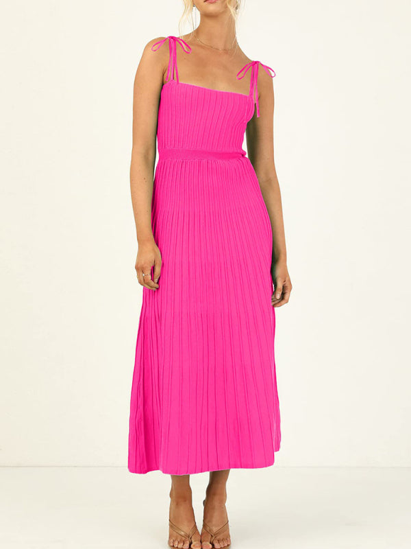 Elegant Dresses- Elegant Ribbed Knit A-Line Cami Midi Cocktail Dress- - IndioGear Fashion and Gear