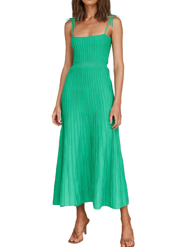 Elegant Dresses- Elegant Ribbed Knit A-Line Cami Midi Cocktail Dress- - IndioGear Fashion and Gear