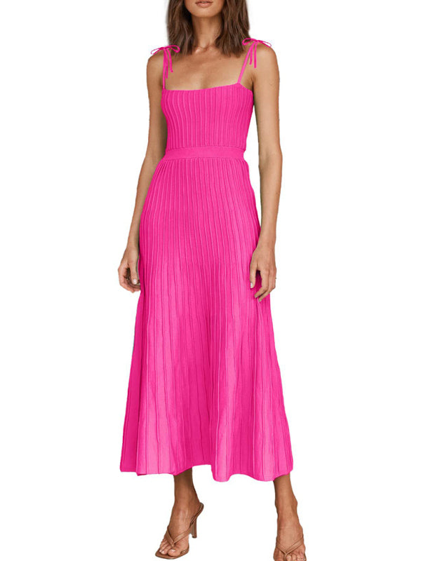 Elegant Dresses- Elegant Ribbed Knit A-Line Cami Midi Cocktail Dress- - IndioGear Fashion and Gear