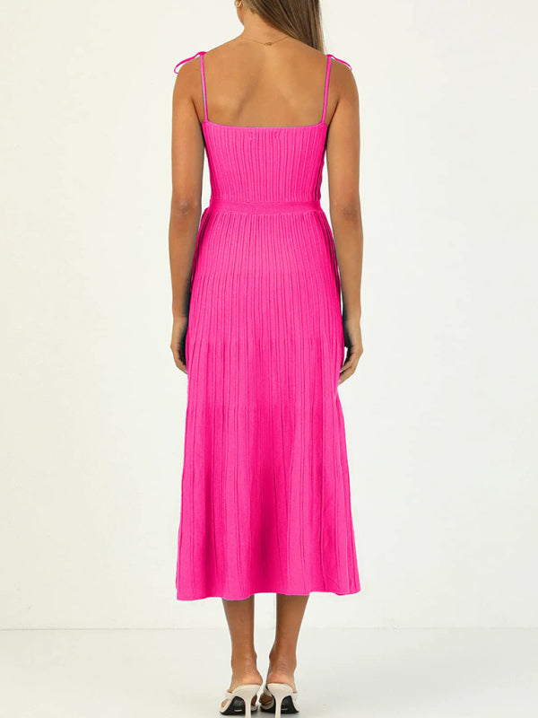 Elegant Dresses- Elegant Ribbed Knit A-Line Cami Midi Cocktail Dress- - IndioGear Fashion and Gear