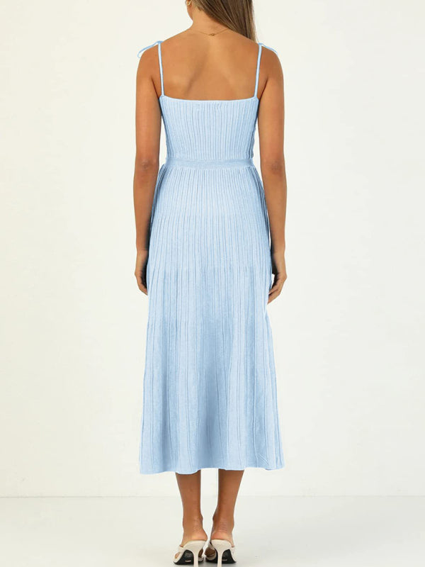 Elegant Dresses- Elegant Ribbed Knit A-Line Cami Midi Cocktail Dress- - IndioGear Fashion and Gear