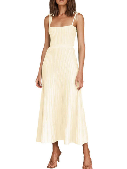 Elegant Dresses- Elegant Ribbed Knit A-Line Cami Midi Cocktail Dress- - IndioGear Fashion and Gear