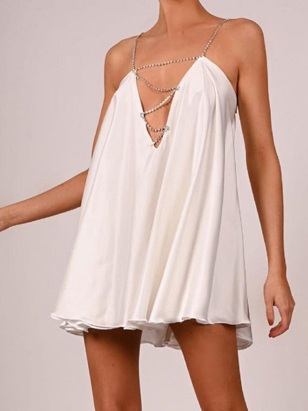 Elegant Dresses- Elegant Satin Diamonds Flowy Backless Plunge Slip Mini dress- White- IndioGear Clothing and Gear