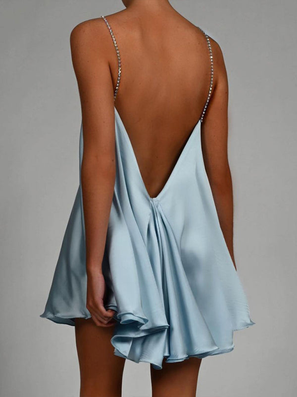 Elegant Dresses- Elegant Satin Diamonds Flowy Backless Plunge Slip Mini dress- - IndioGear Clothing and Gear